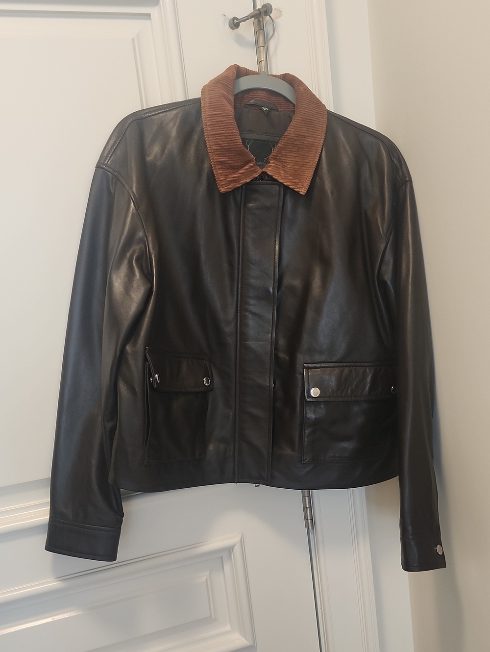 Womens Chocolate Brown Genuine Leather Jacket with Brown Corduroy Collar